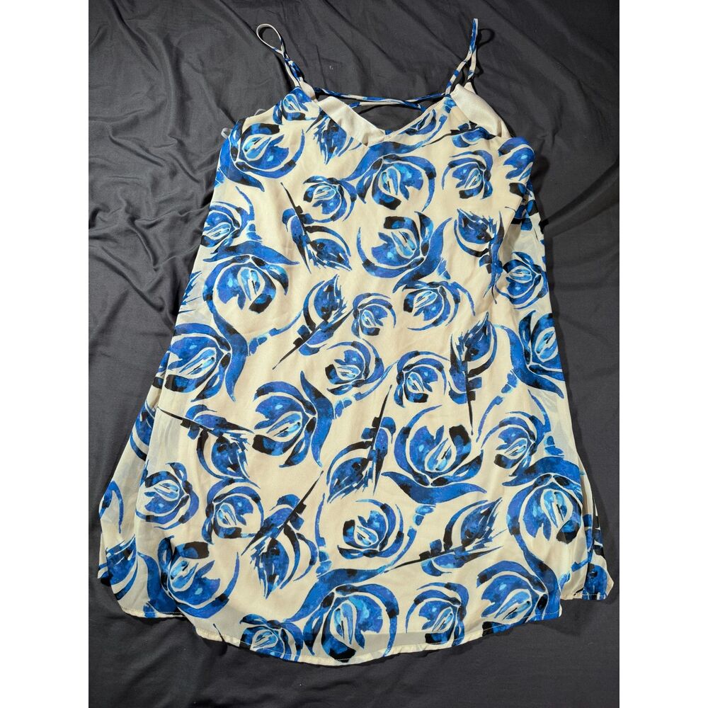Everly Blue Floral Cami Mini Dress Cross Back Straps Womens Large